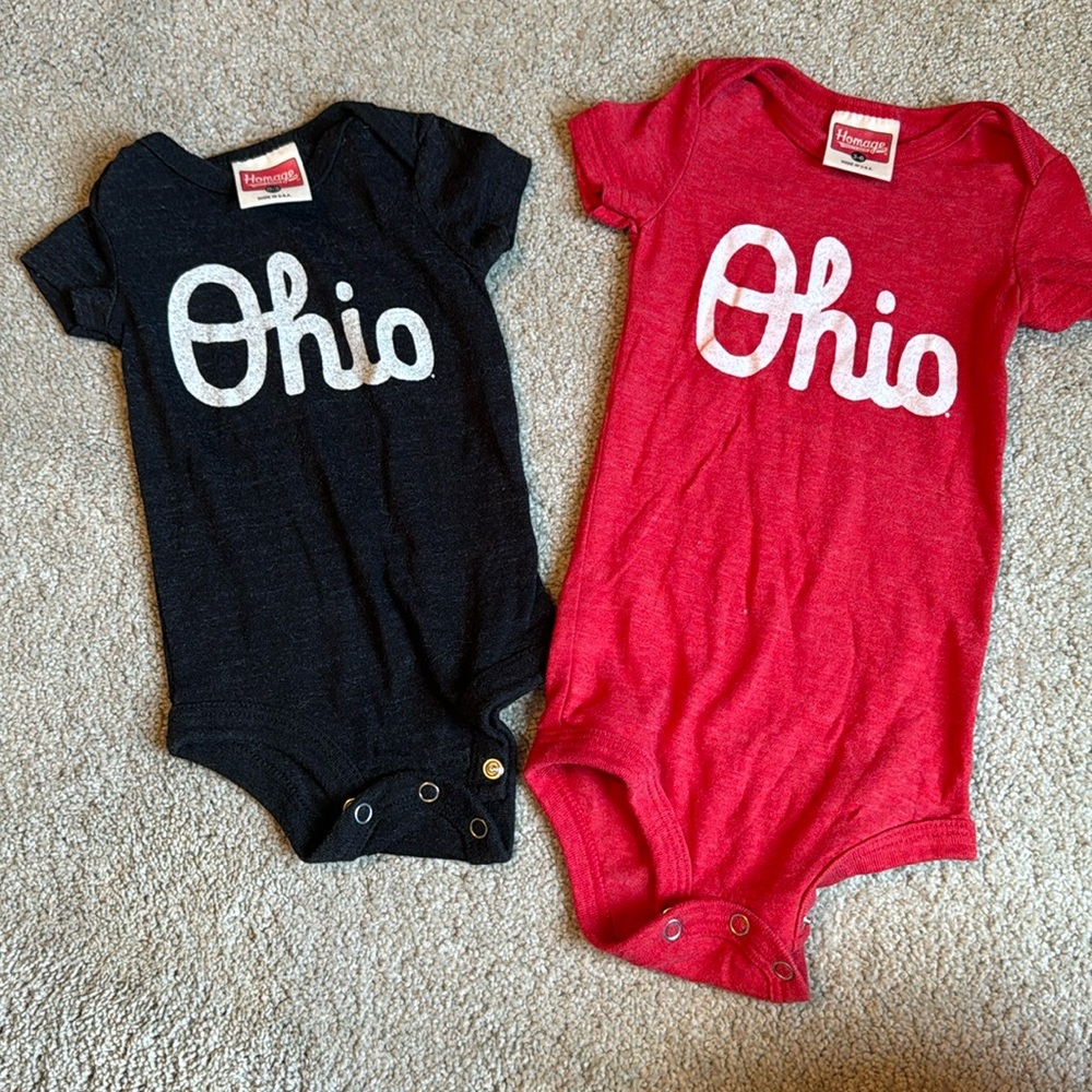 2 pack Homage brand Script Ohio infant bodysuits.